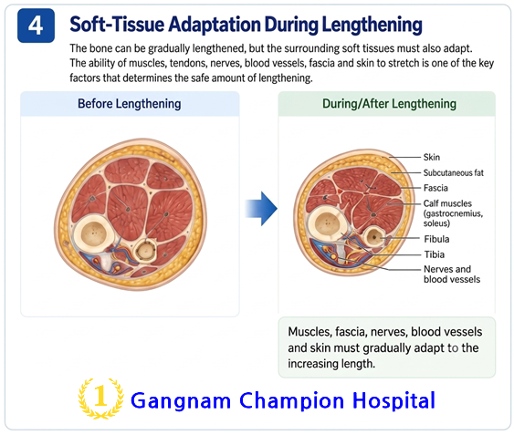 Soft-tissue adaptation during limb lengthening showing muscles, fascia, nerves, blood vessels and skin